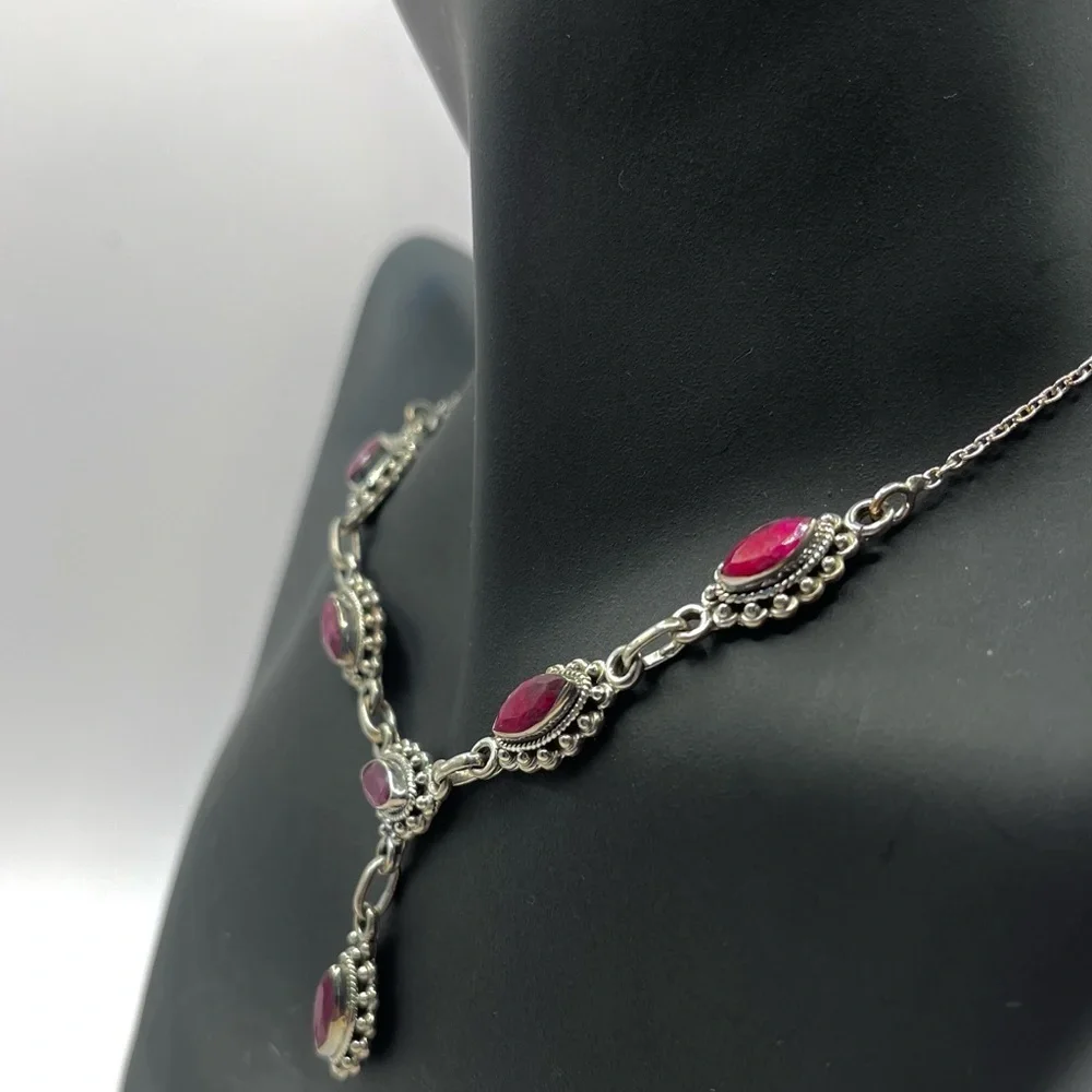 Marquise Cut Genuine Ruby Vintage 925 Sterling Silver Necklace - Picture 2 of 3